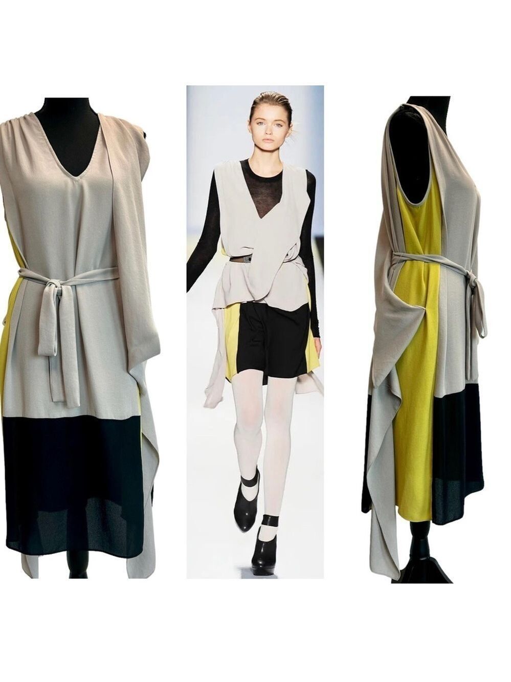 BCBGMaxazria Runway Fall 2010 gray black lime green draped sleeveless dress Sz M